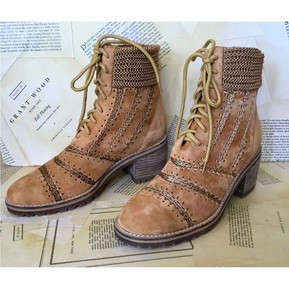 Anthropologie Silent D Bestie Bootie Honey Macramé Trim Lace Up Tan - Picture 5 of 12